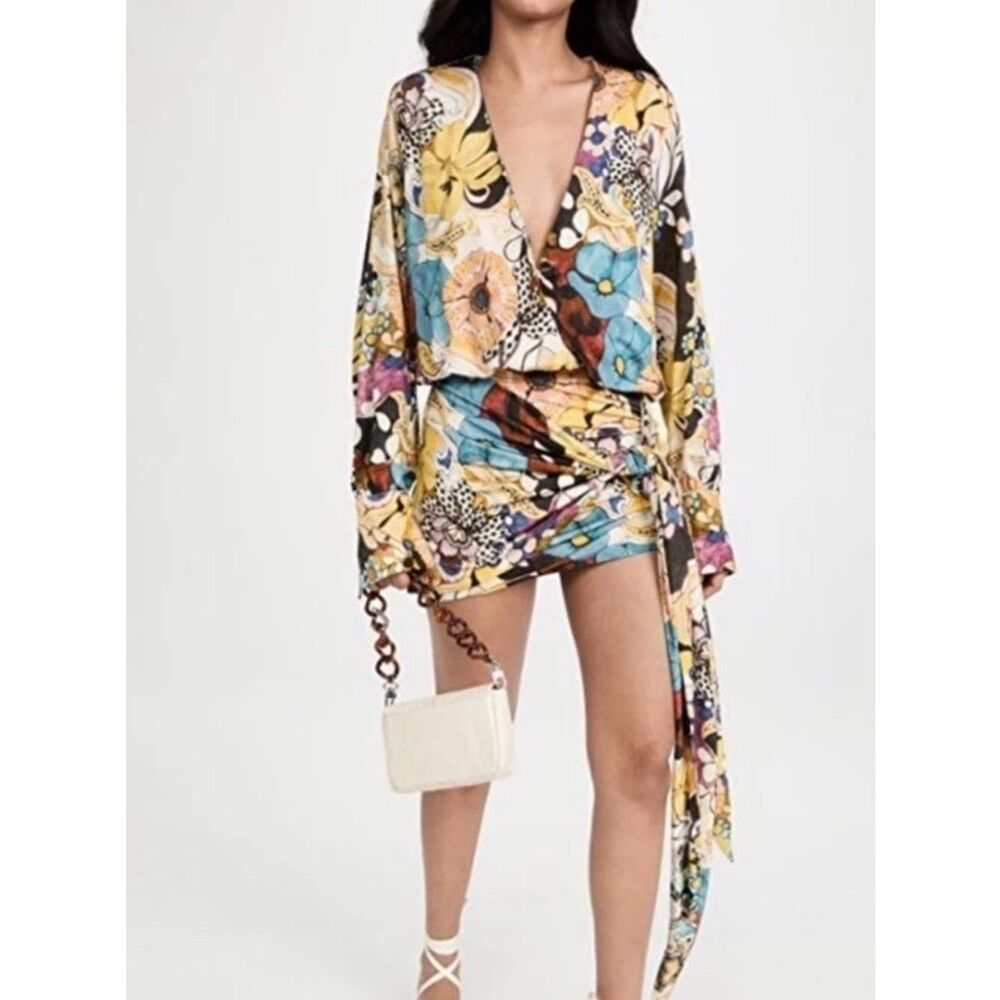 $550 ALEXIS "MONICA" 60s 70s BOHO STYLE FLORAL GROVE PRINT MINI DRESS w SASH L